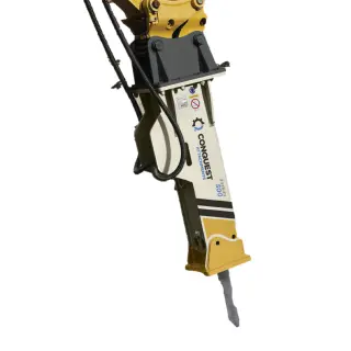 Heavy equipment attachments on display for construction use